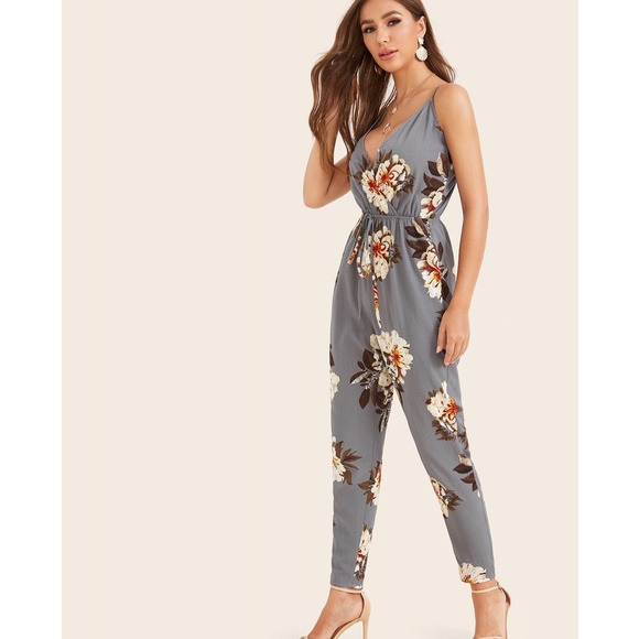 Floral Print Surplice Cami Drawstring Jumpsuit - Picture 2 of 6